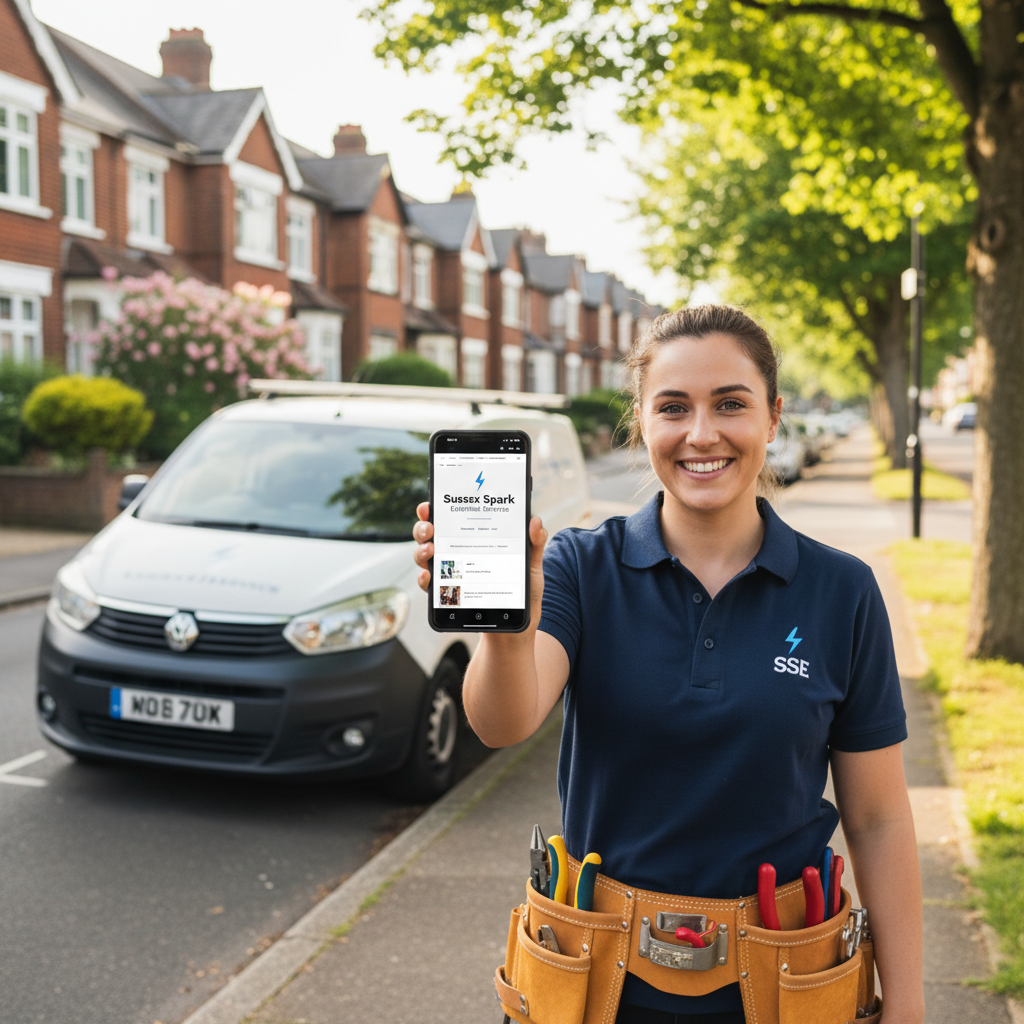Small business owner in Crawley showing their new website on a phone