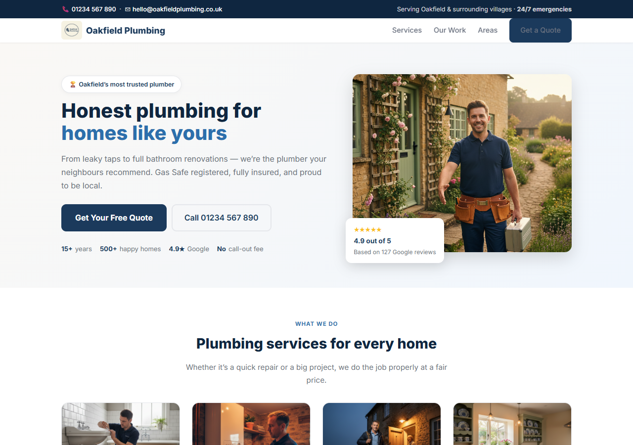Growth package example - multi-page plumber website desktop view