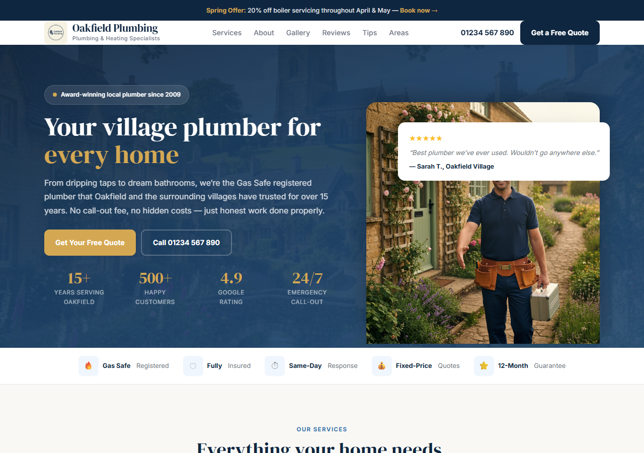 Pro package example - premium plumber website desktop view