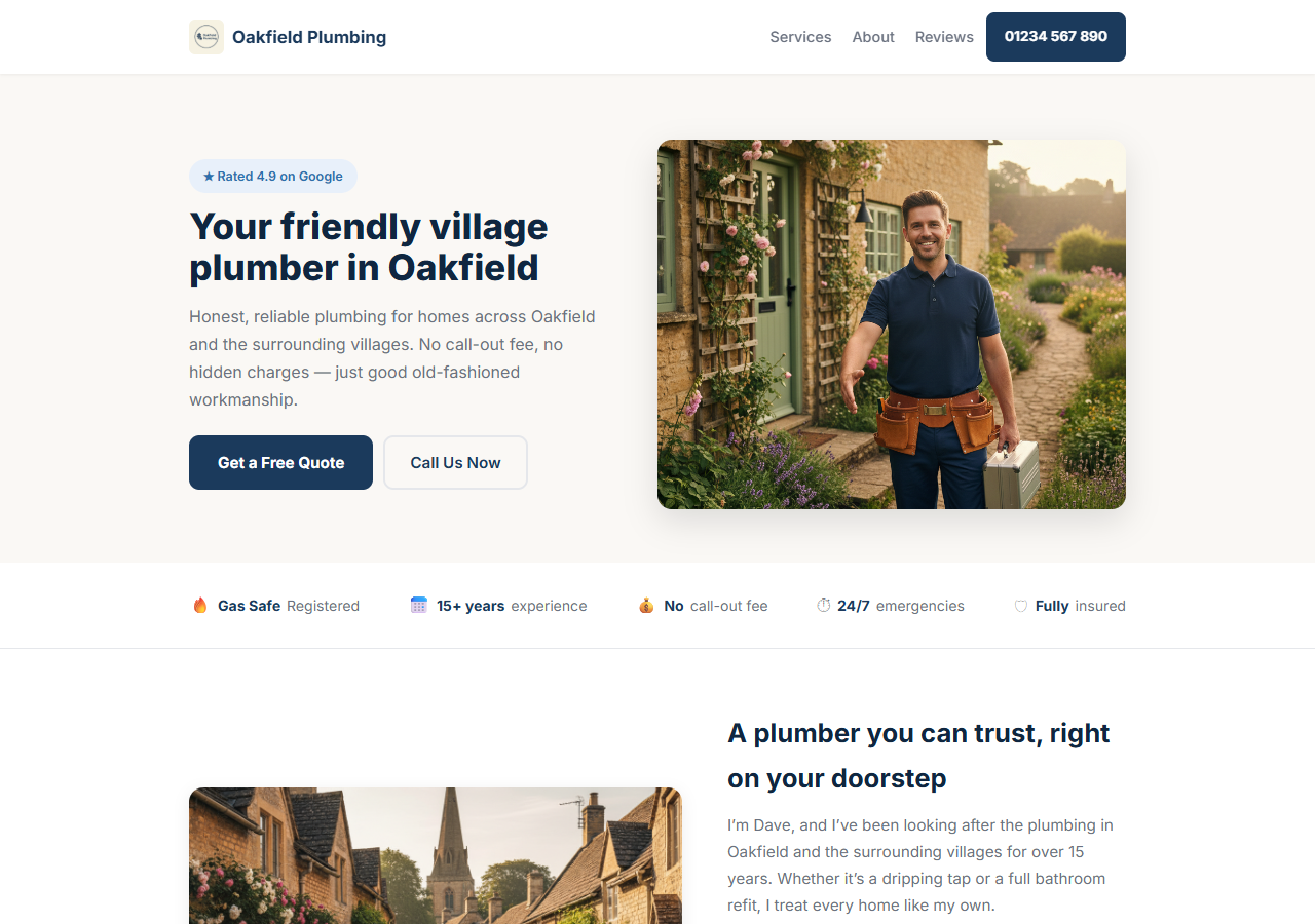 Starter package example - single page plumber website desktop view